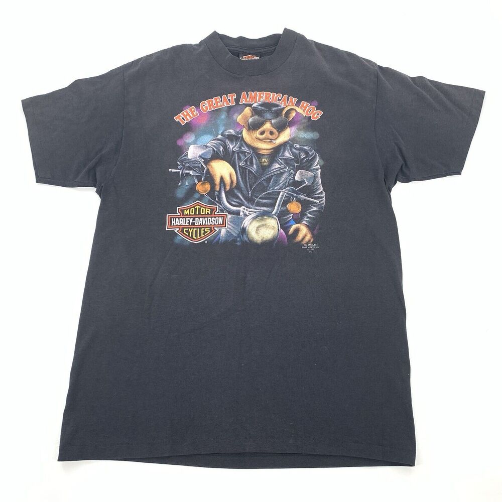 Vintage 1991 Harley Davidson Great American Hog T-Shirt XL Mens Black 3D Emblem